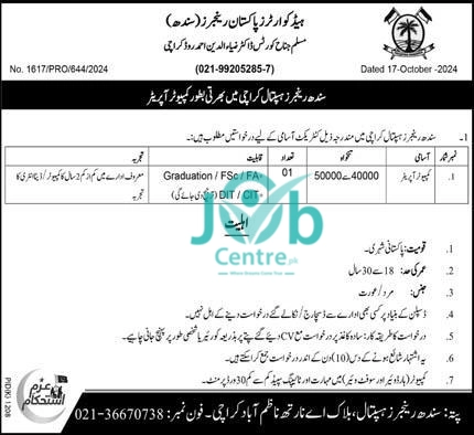 Sindh Rangers Hospital Jobs 2024 Advertisement