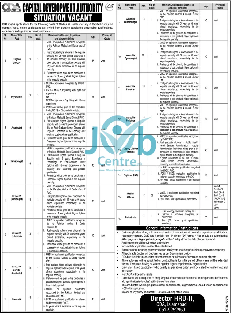 Capital Development Authority CDA Jobs 2024 Advertisement