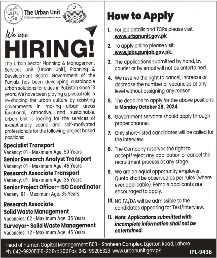 The Urban Unit Jobs 2024 Advertisement: