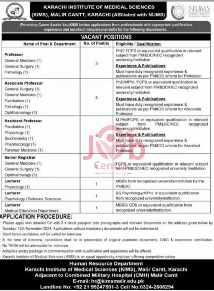 Karachi Institute Of Medical Sciences KIMS Jobs 2024 Advertisement: