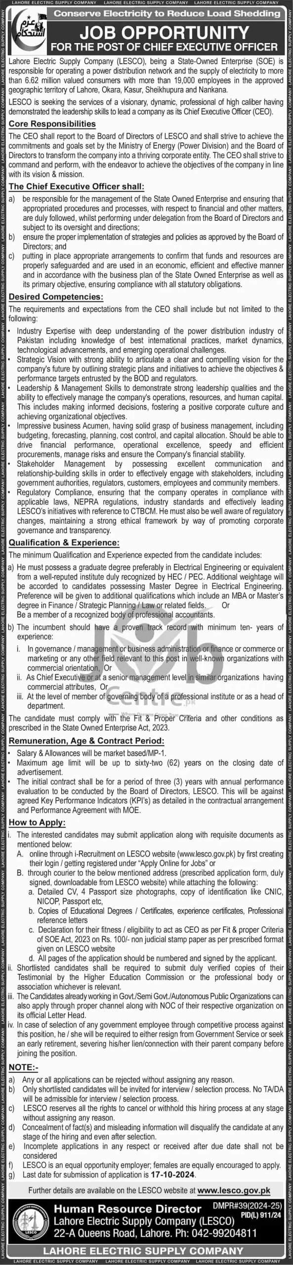 Lahore Electric Supply Company LESCO Jobs 2024 Advertisement: