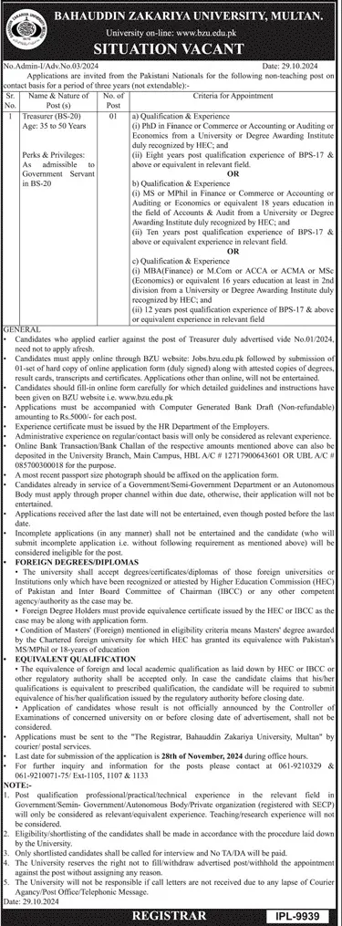 Bahauddin Zakariya University BZU Multan Career Jobs 2024 Advertisement