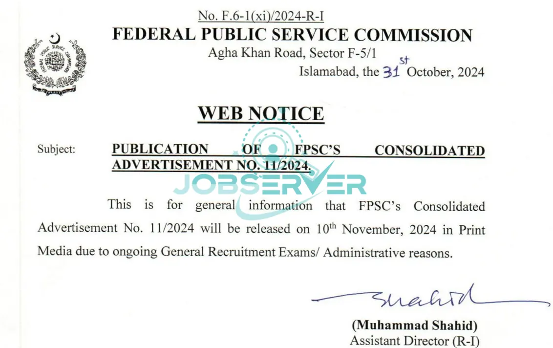 FPSC Jobs Advertisement No 11 Notification 2024: