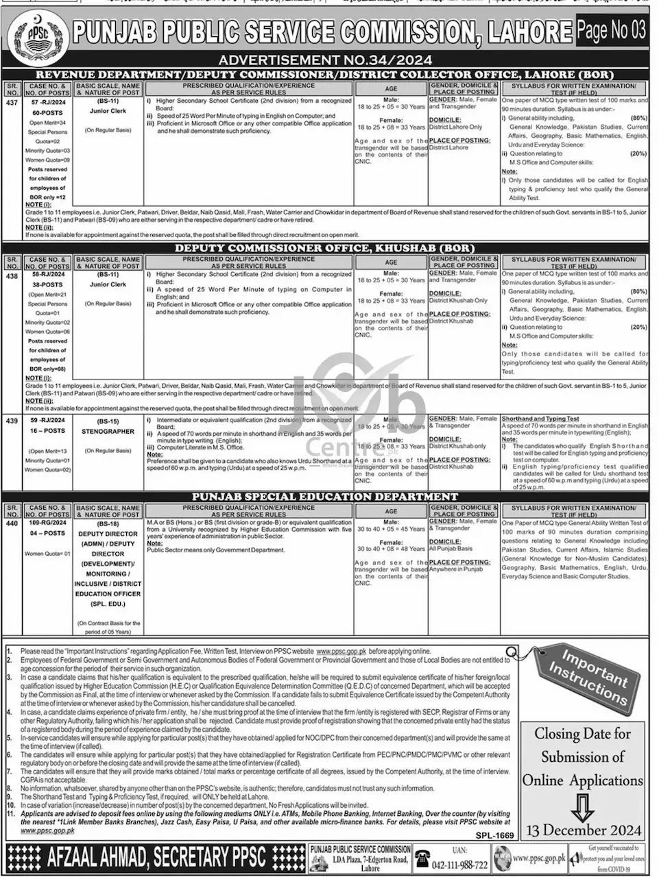 Page No= 03PPSC Jobs Advertisement No 34/2024: