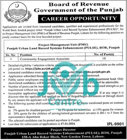 PULSE Board Of Revenue Lahore Jobs 2024 Advertisement: