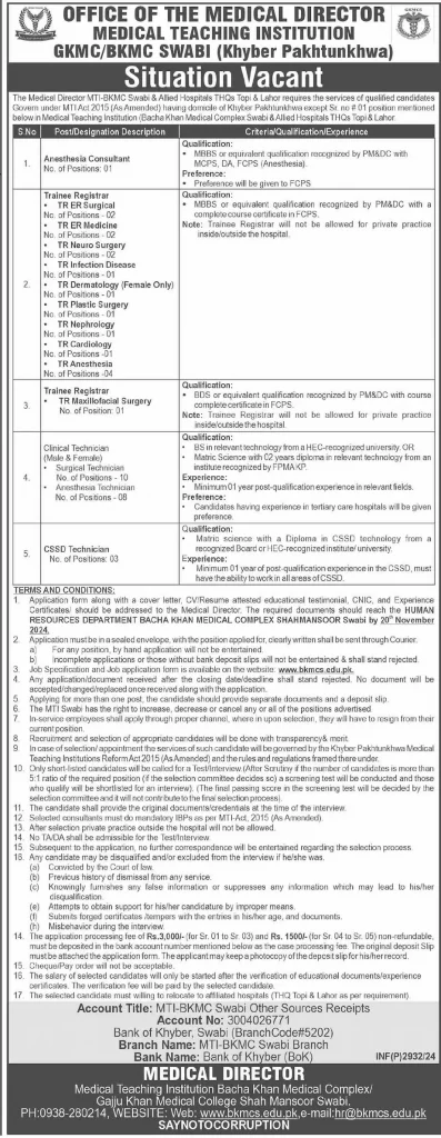 Medical Teaching Institution MTI Swabi Recruitment Jobs 2024 Advertisement