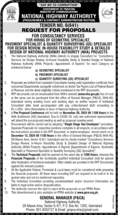 National Highway Authority NHA Jobs 2024 Advertisement: