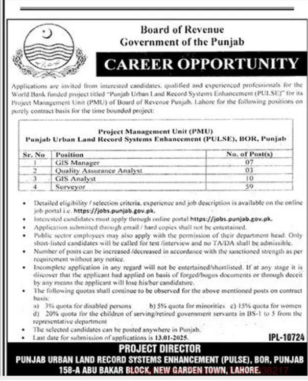 PULSE Board Of Revenue Lahore Jobs 2025 Advertisement PMU Jobs