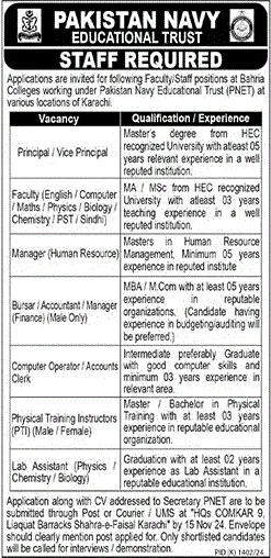 Pakistan Navy Educational Trust PNET Recruitment 2024 Advertisement