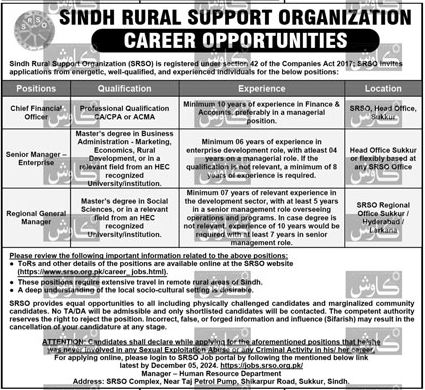 Sindh Rural Support Organization SRSO Jobs 2024 Advertisement: