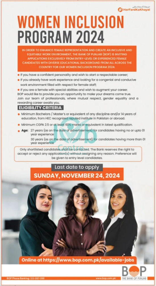 BOP Women Inclusion Program 2024 Advertisement: