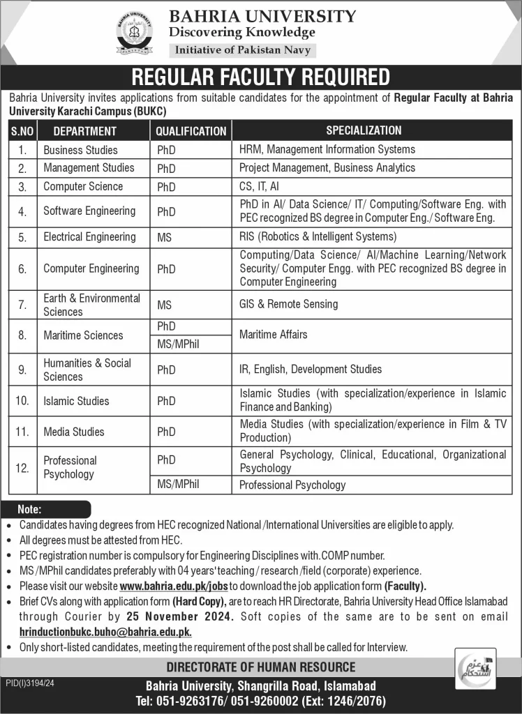 Bahria University Karachi Campus BUKC Jobs 2024 Advertisement: