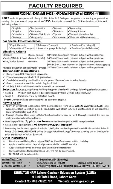 Lahore Garrison Education System Jobs 2024 Advertisement: