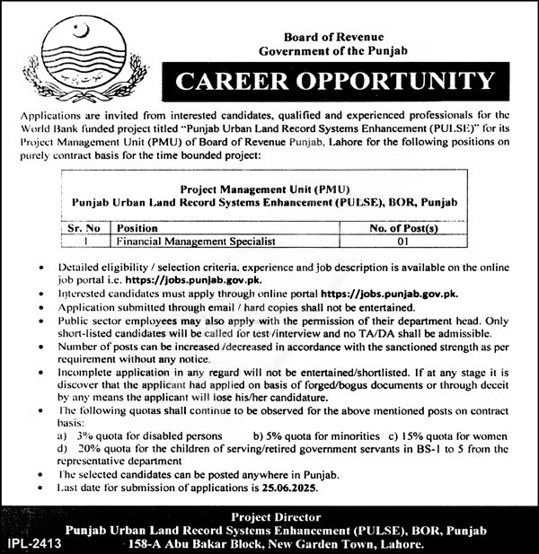 lastest Board of Revenue Punjab Jobs 2025 Advertisement