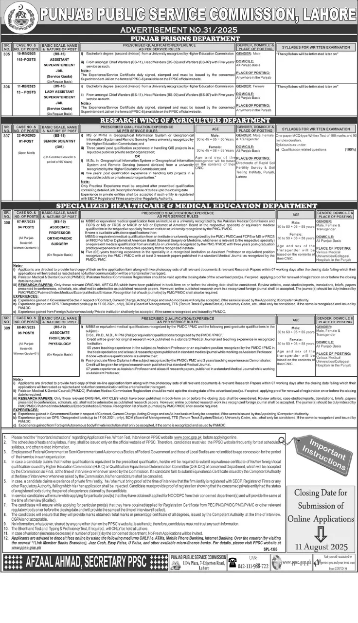 lastest PPSC Jobs Advertisement No 312025