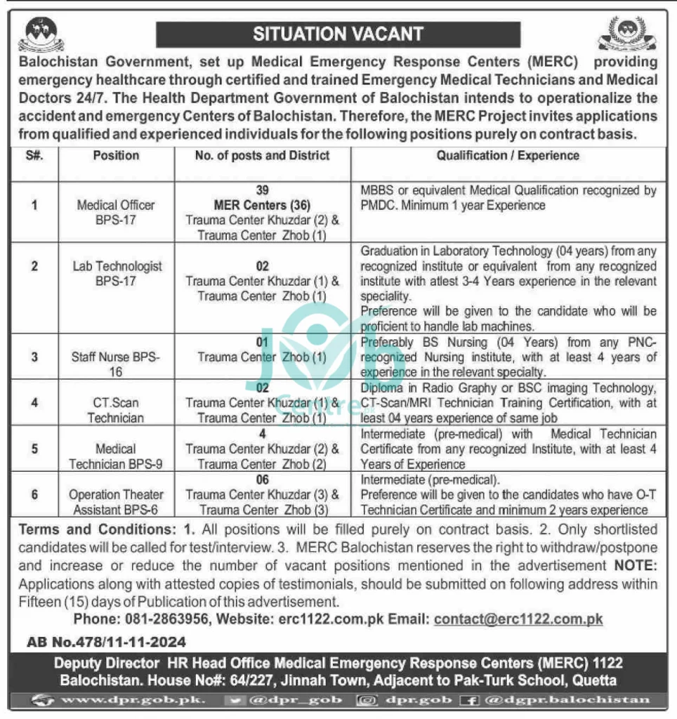 Medical Emergency Response Centers MERC Jobs 2024 Advertisement: