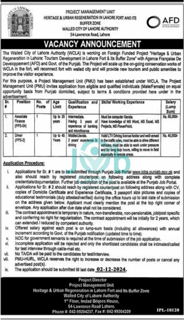 Walled City Of Lahore Authority Jobs 2024 Advertisement: