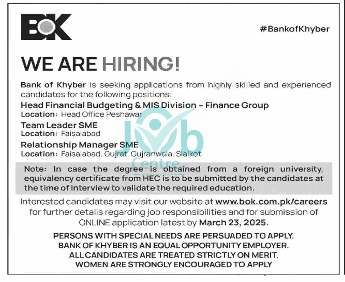 The Bank Of Khyber BOK Jobs 2025 Latest Advertisement