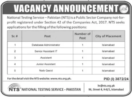 Apply for National Testing Service Pakistan NTS Jobs 2024 at www.nts.org.pk