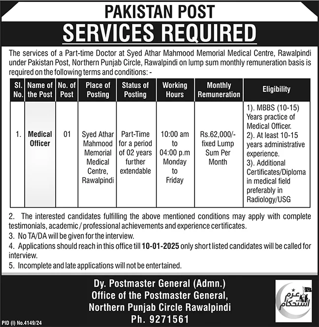 Latest Pakistan Post Jobs 2025 | Medical Officers Recruitment in Rawalpindi