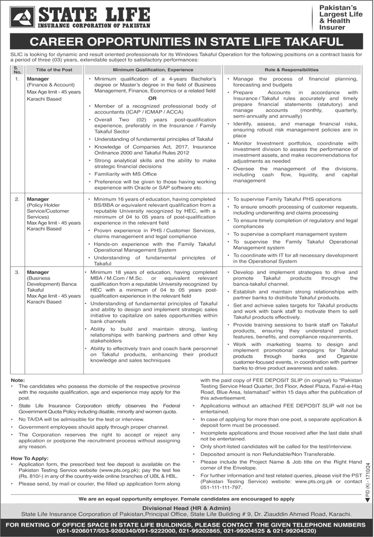 Latest State Life Insurance Corporation of Pakistan Jobs 2024 Advertisement