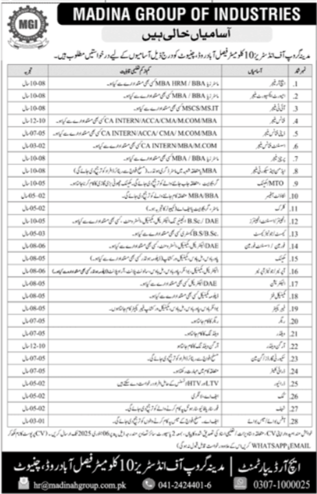 Madina Group of Industries Jobs 2024 Advertisement