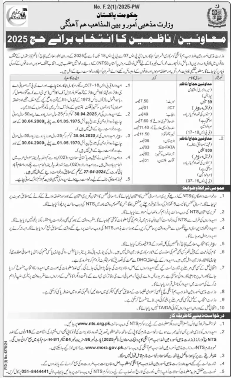 Pakistan Hajj Assistants Recruitment 2025 Advertisement