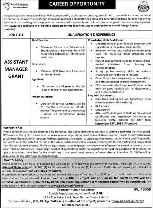 Punjab Population Innovation Fund PPIF Jobs 2024 Advertisement