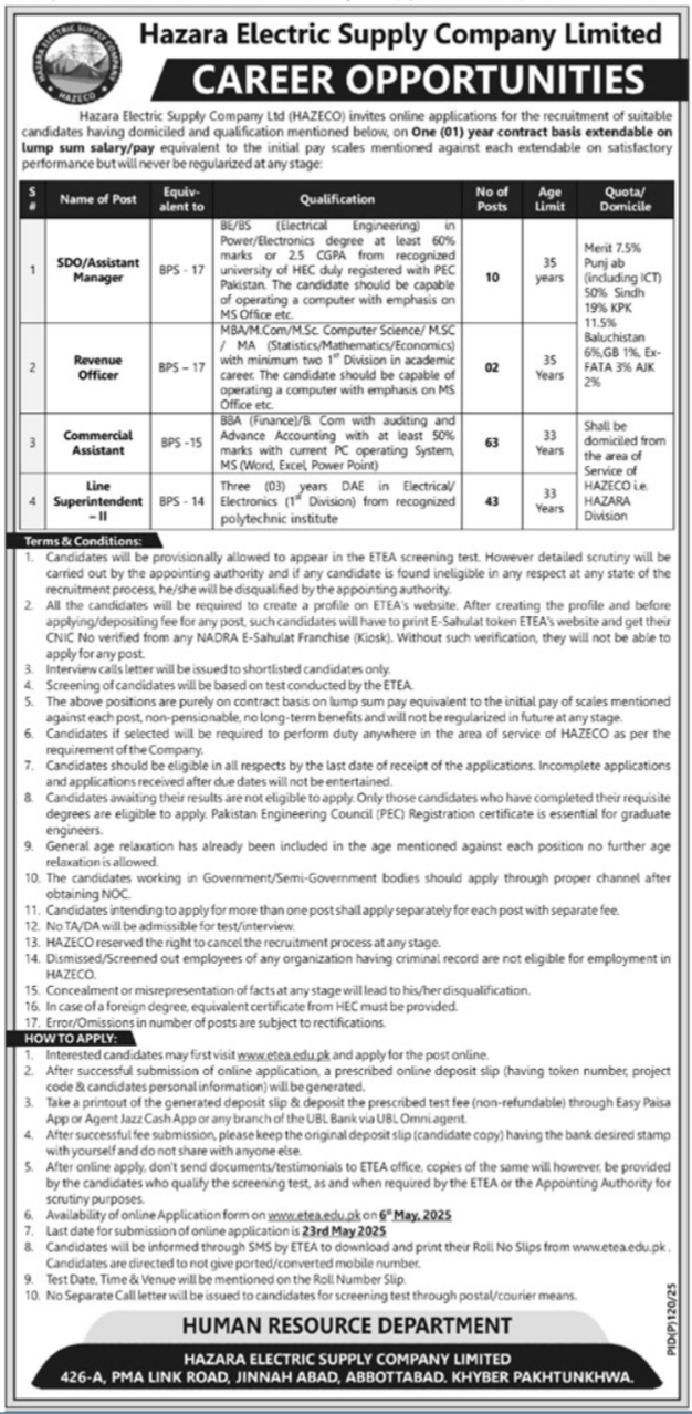 lastest Hazara Electric Supply Company Limited Jobs 2025 Advertisement