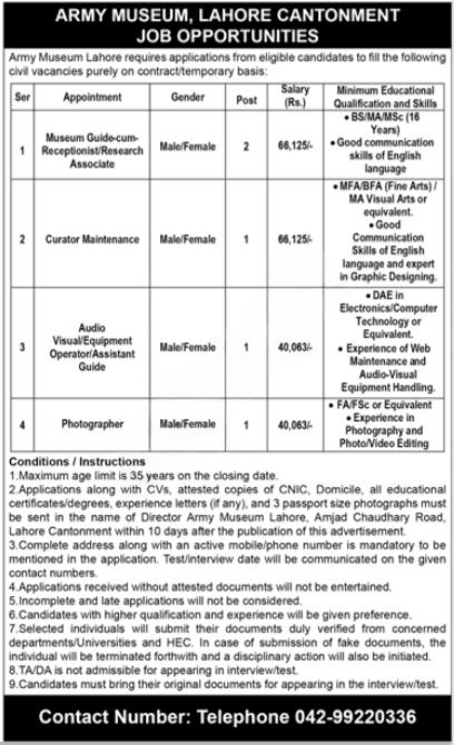 Latest Pak Army Museum Lahore Cantonment Jobs 2025 Advertisements