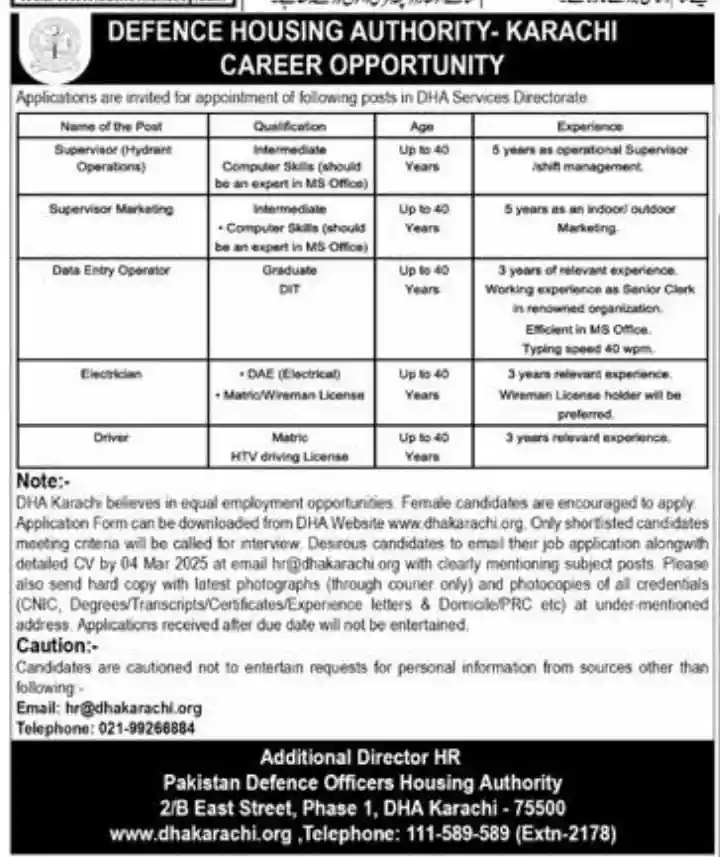 Pakistan Defence Officers Housing Authority Jobs 2025 Today Advertisement