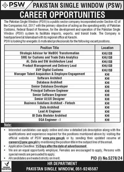 Pakistan Single Window Jobs 2025 Today Advertisement