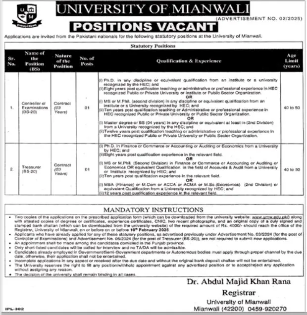 Latest University Of Mianwali Jobs Advertisements