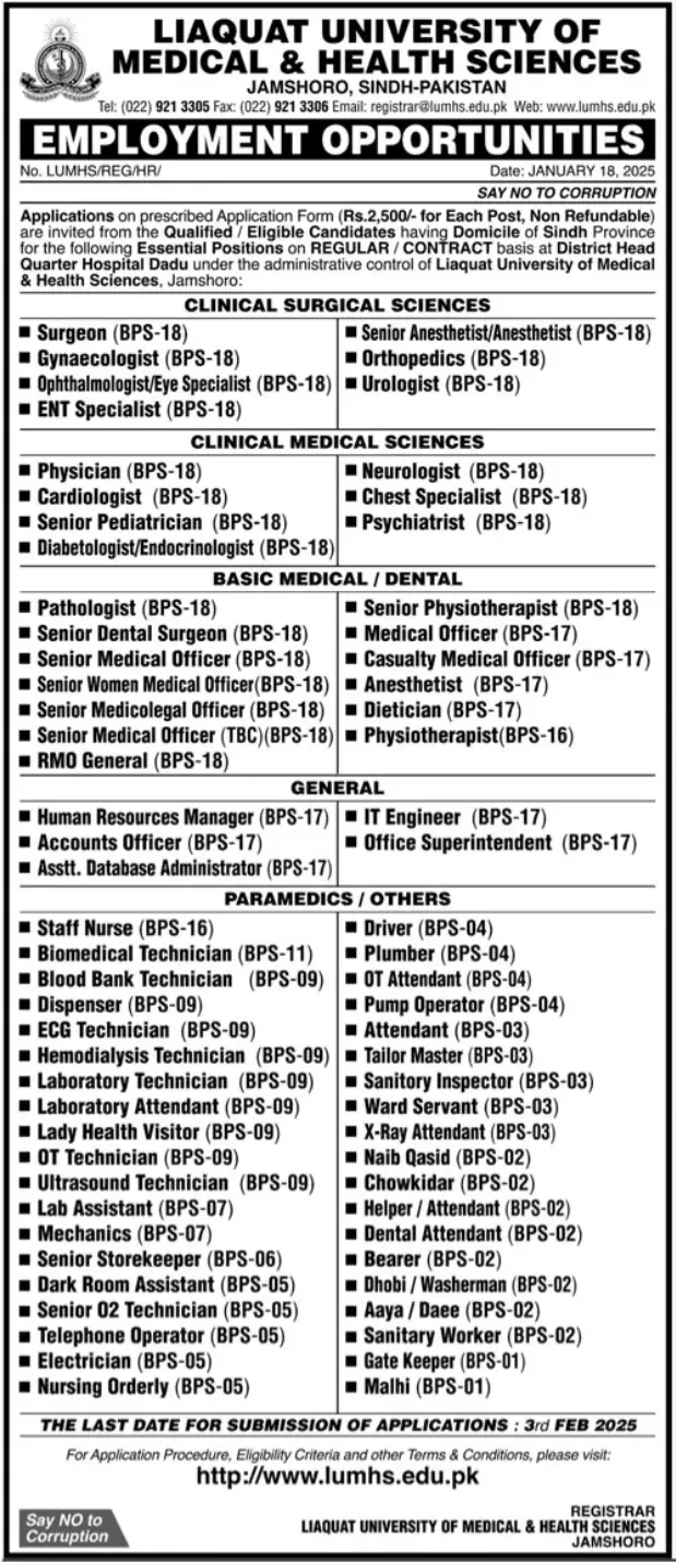 Liaquat University Of Medical and Health Sciences LUMHS Jobs 2025 Advertisements