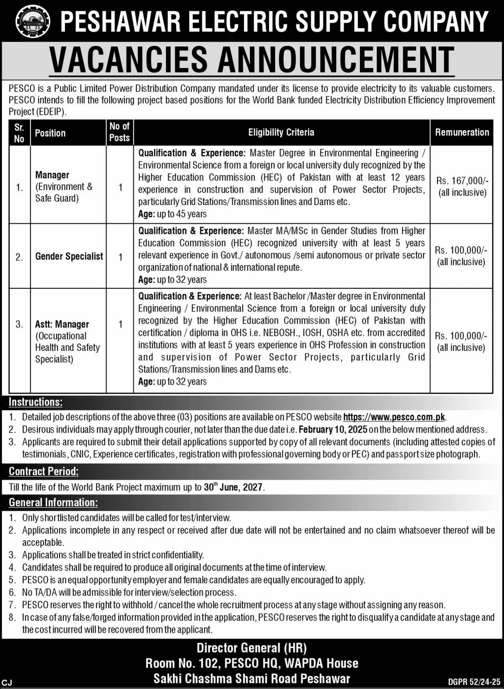 Peshawar Electric Supply Company PESCO Jobs 2025 Advertisements