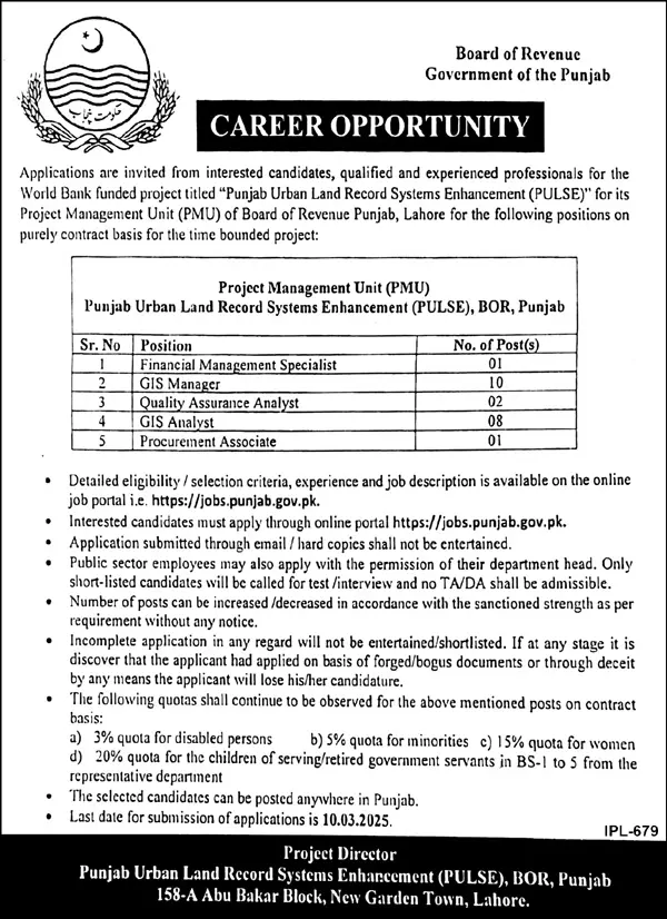 Punjab Urban Land Systems Enhancement PULSE Jobs 2025 Advertisement