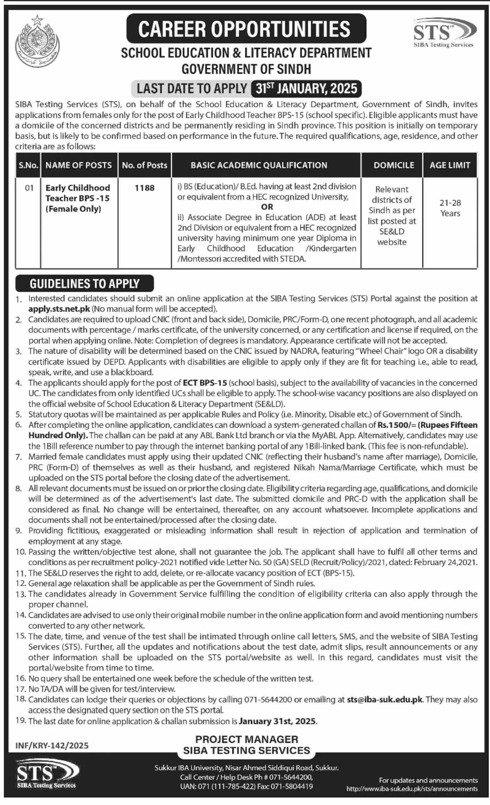 School Education & Literacy Department Sindh Jobs 2025 Advertisements