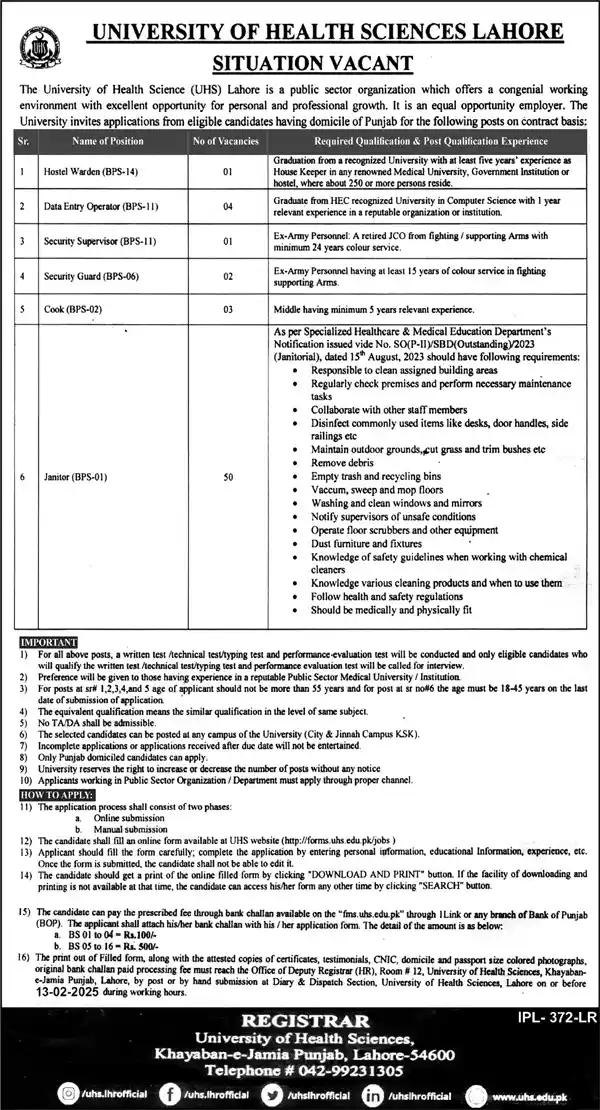 University Of Health Sciences UHS Lahore Jobs 2025 Advertisements