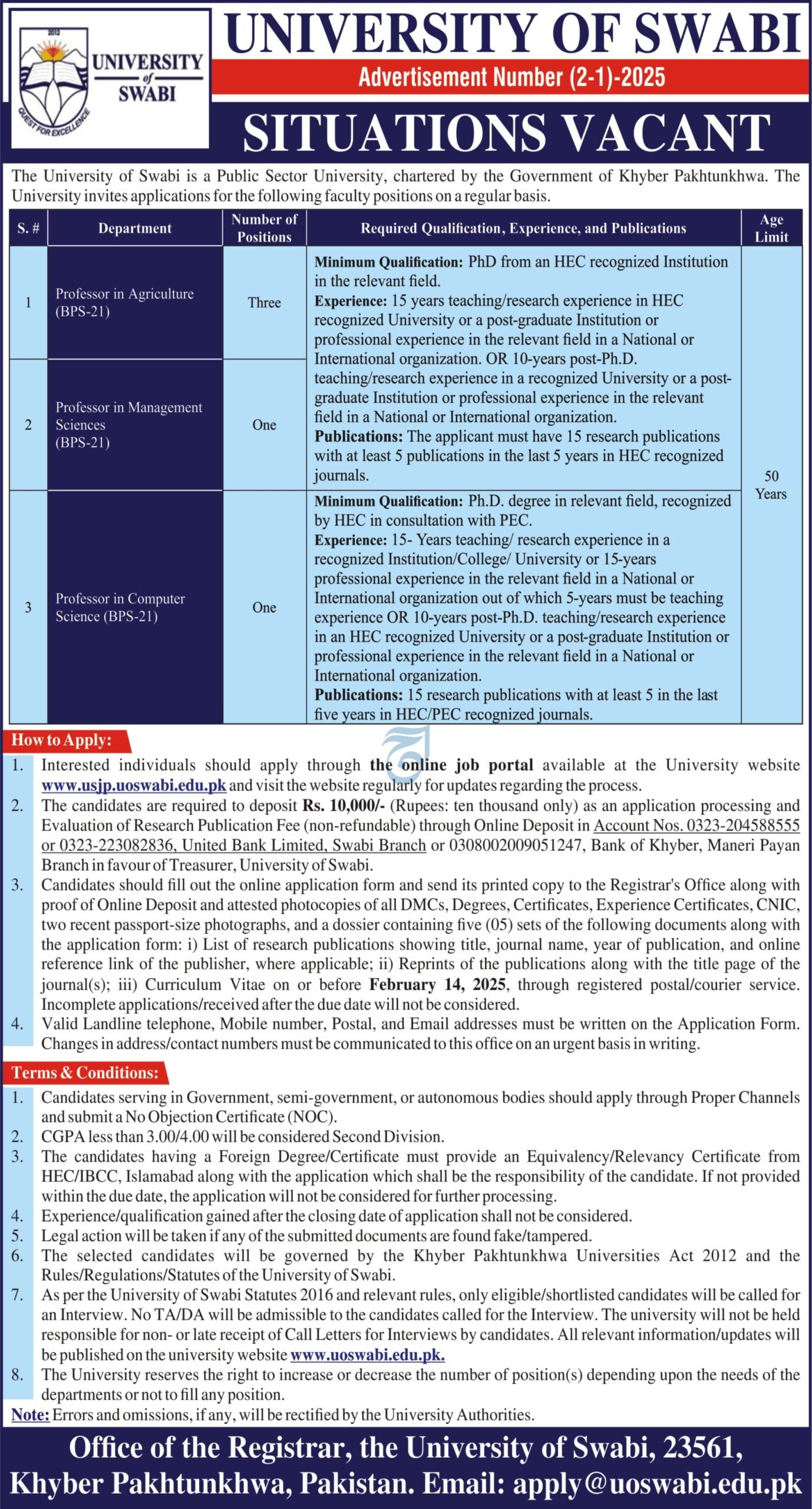 University Of Swabi Latest Jobs 2025 for Professors Advertisements: