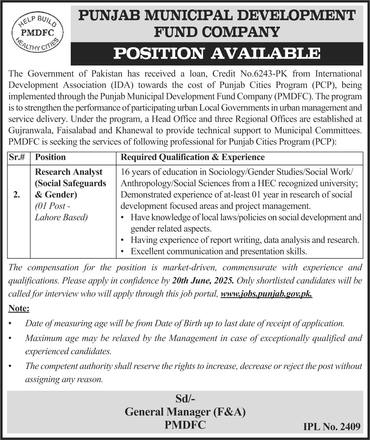 lastest PMDFC Jobs 2025 Advertisement