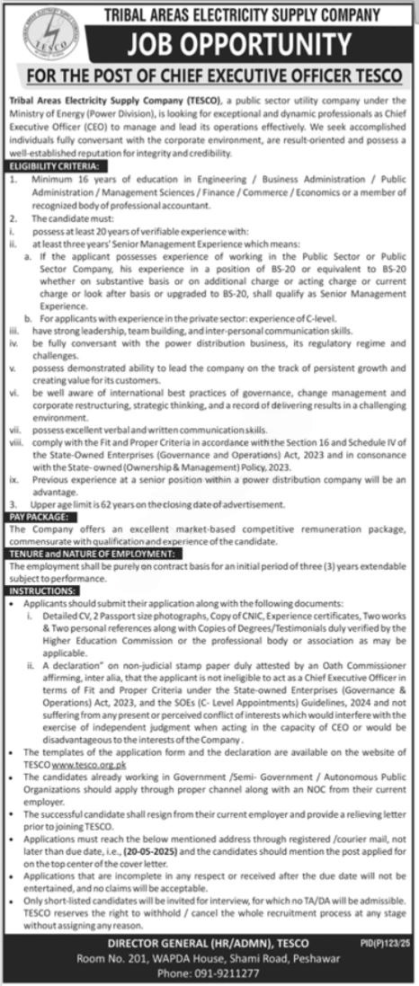lastest TESCO Peshawar Jobs 2025 Advertisement