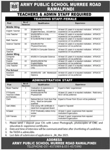 Army Public School APS Jobs 2025 Advertisements