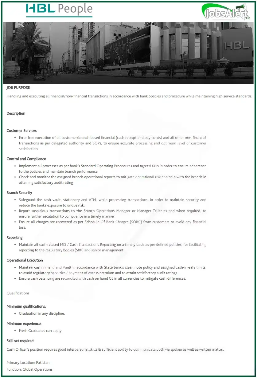 HBL Cash Officer Jobs 2025 Advertisement