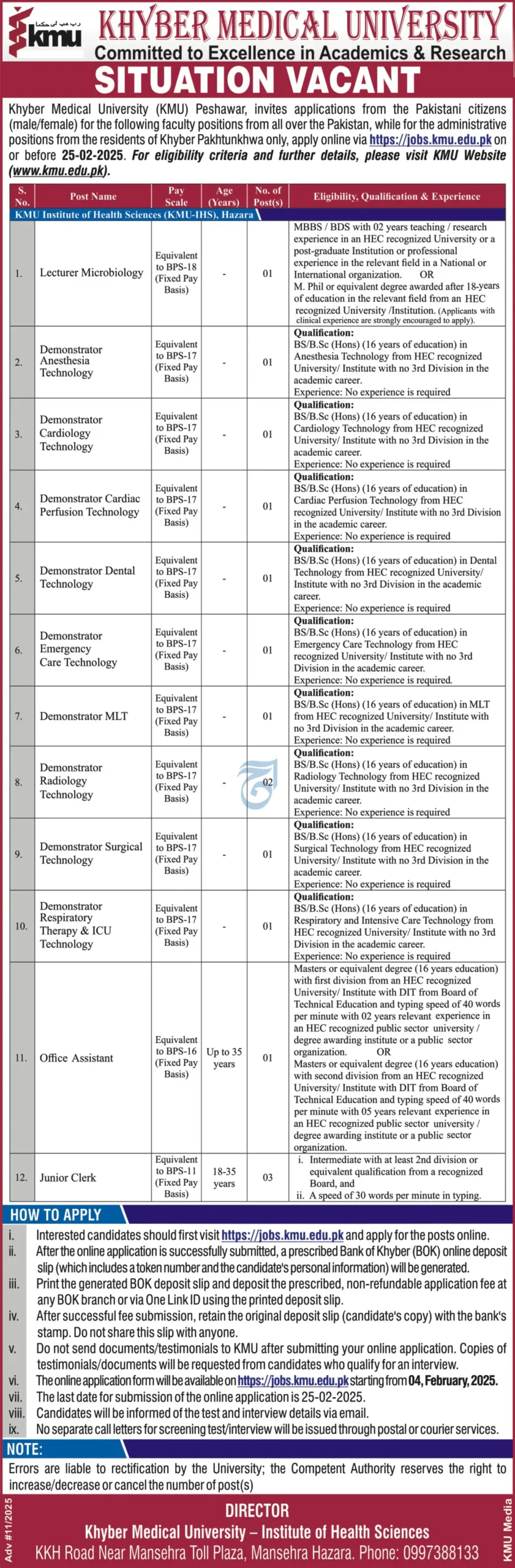 KMU Latest Jobs 2025 For Lecturers Advertisements