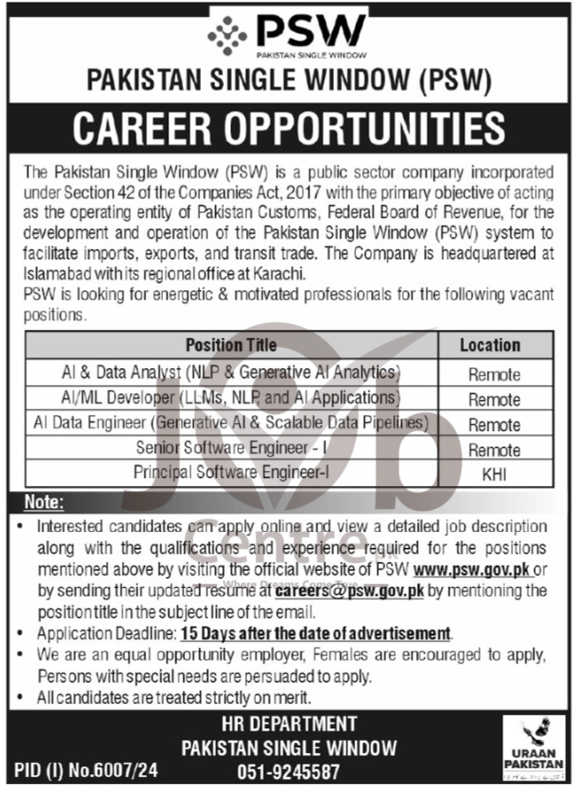 Pakistan Single Window Jobs 2025 Today Advertisement