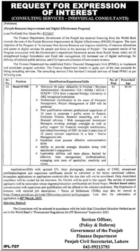 Pakistan Finance Department Jobs 2025 Advertisement