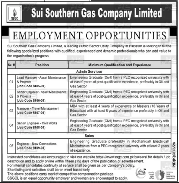 SSGC Latest Jobs 2025 Online Apply Advertisements