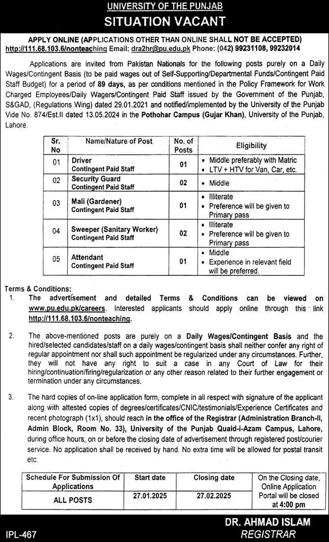 University of The Punjab Latest Jobs 2025 for Daily Wages Staff