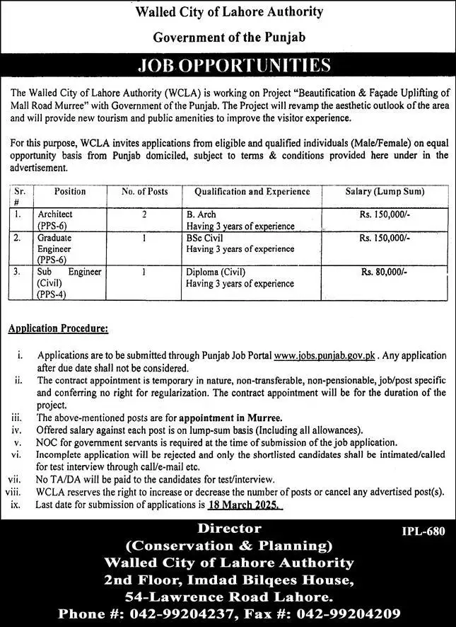 Walled City of Lahore Authority WCLA Jobs 2025 Advertisements