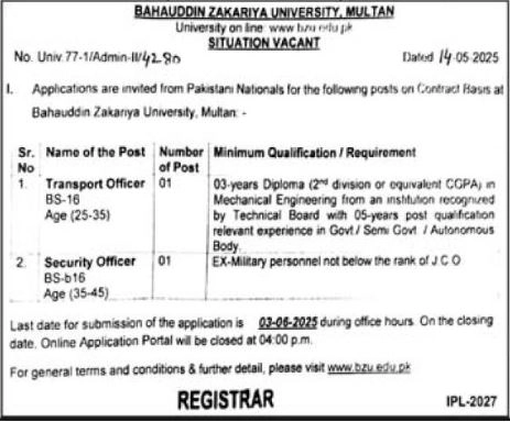 lastest Bahauddin Zakariya University BZU Multan Career Jobs 2025 Advertisement